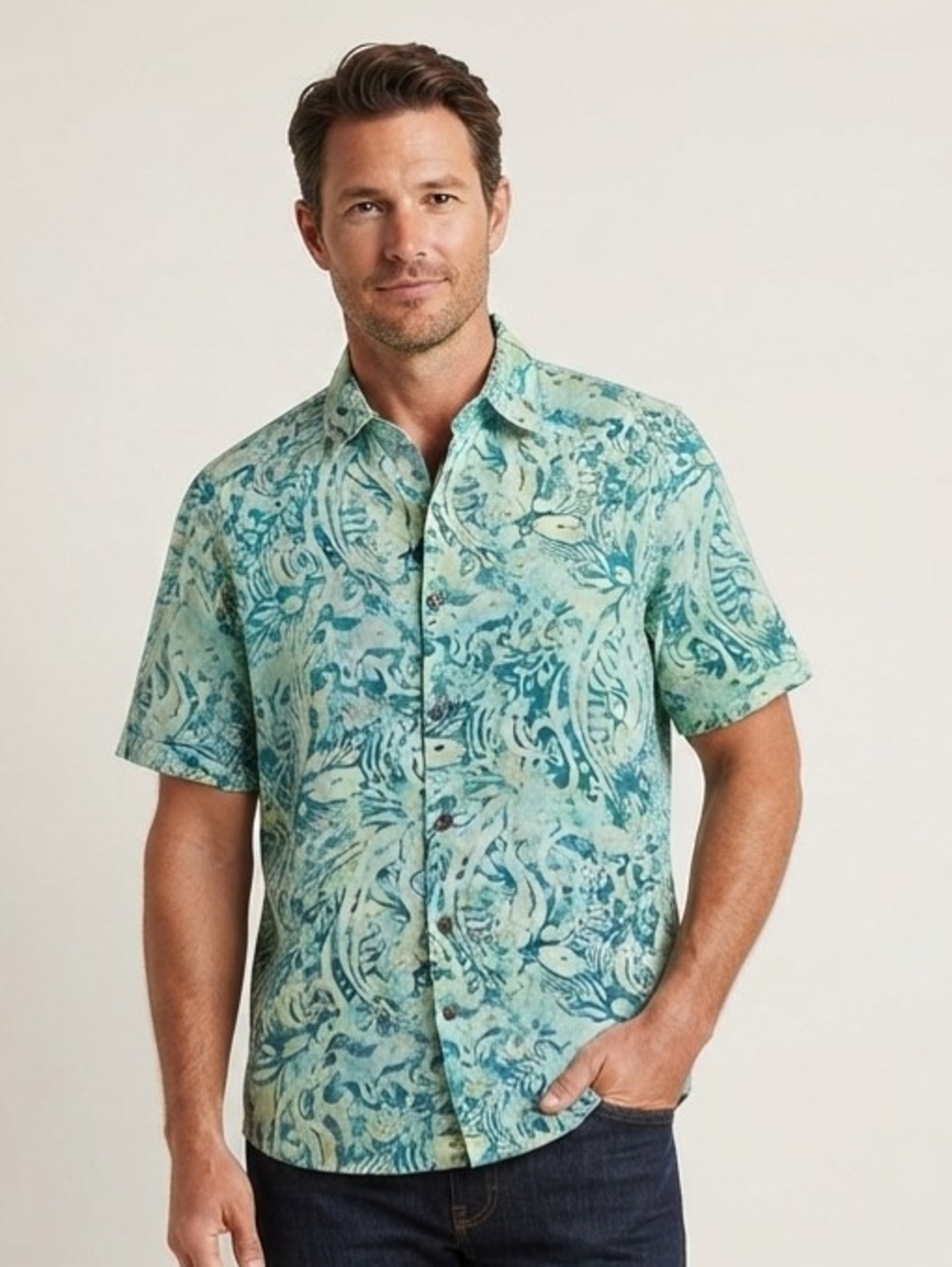 Margaritaville Men's Aqua Green Printed Short-Sleeve Button-Down Shirt Size Med